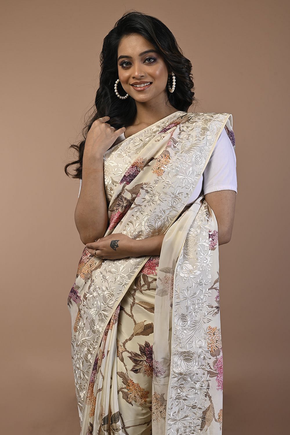 Buy White Modal Satin Floral Print Saree For Women by House of Hiya Online  at Aza Fashions.