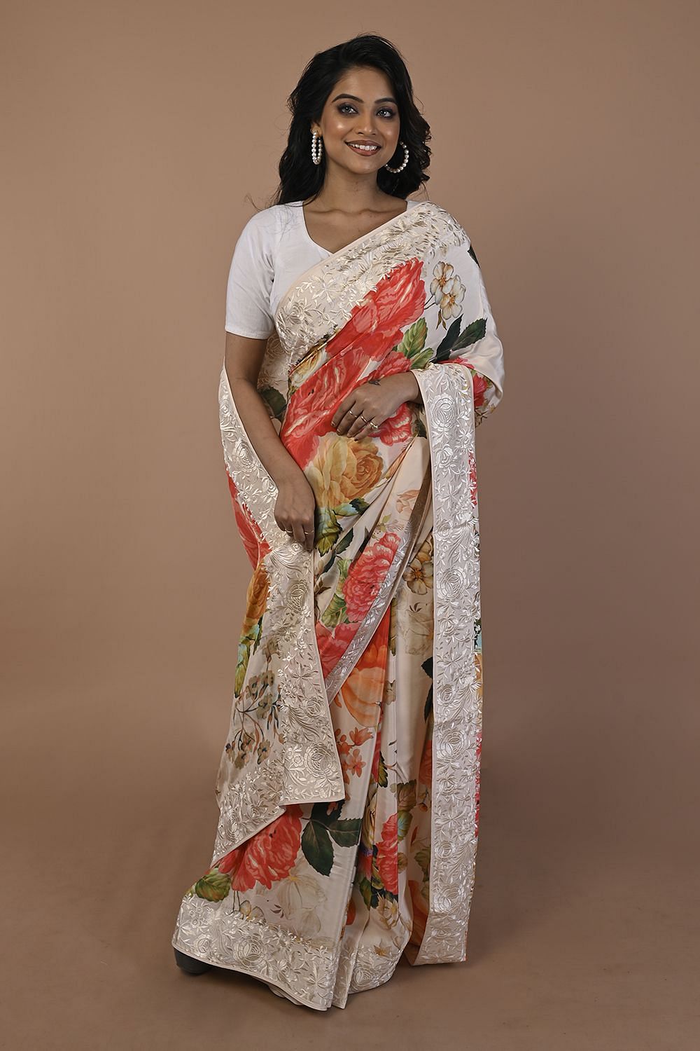 Satin Floral Printed White Saree