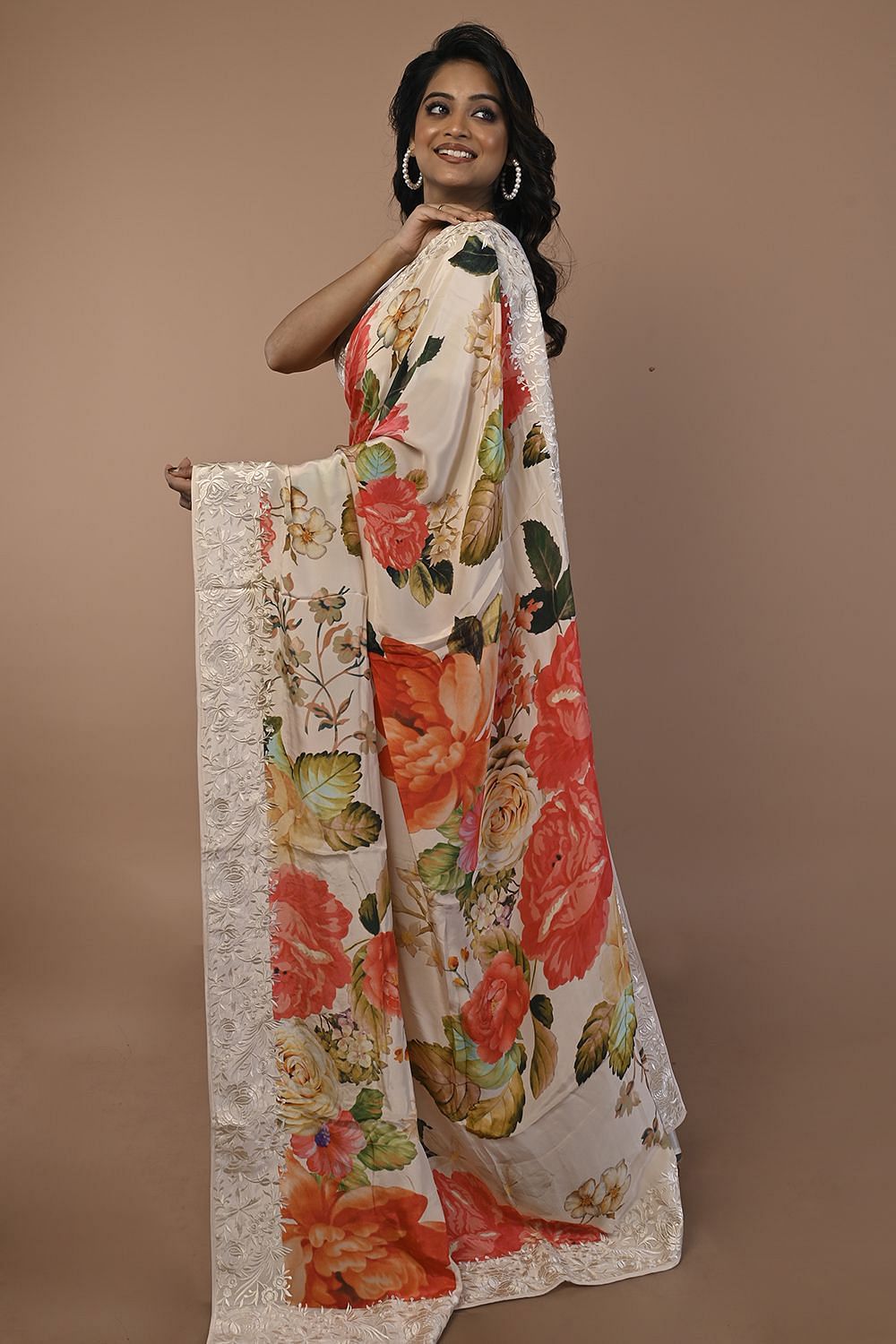 Satin Floral Printed Cream Saree