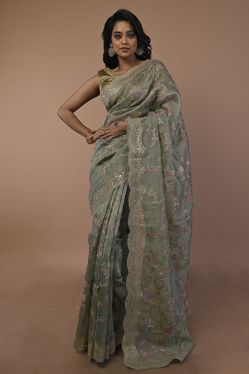 Organza Floral Embroidery Pastel Green Saree With Scallop Border