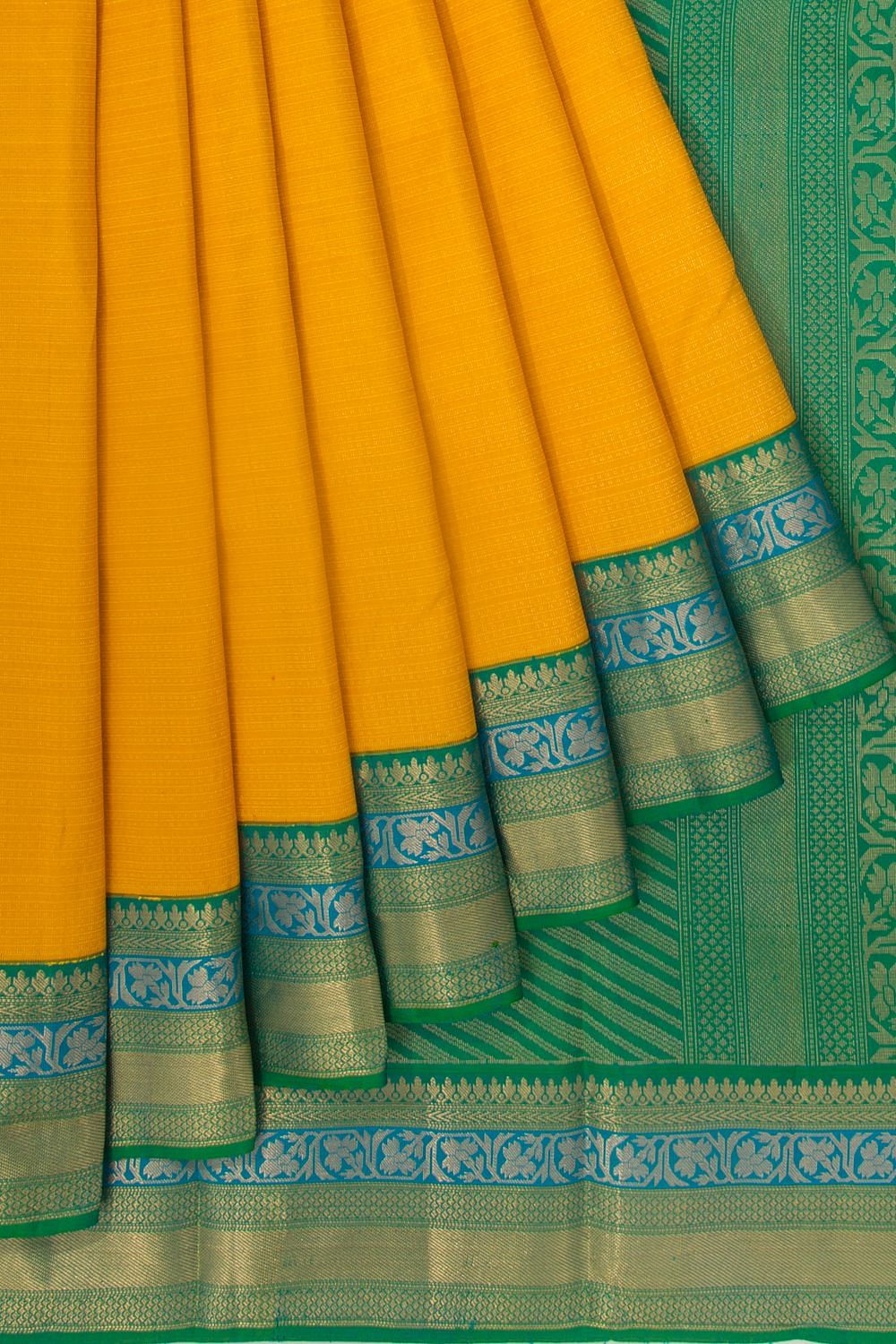 Yellow Silk Saree Blue Floral Motif Border | trendwati