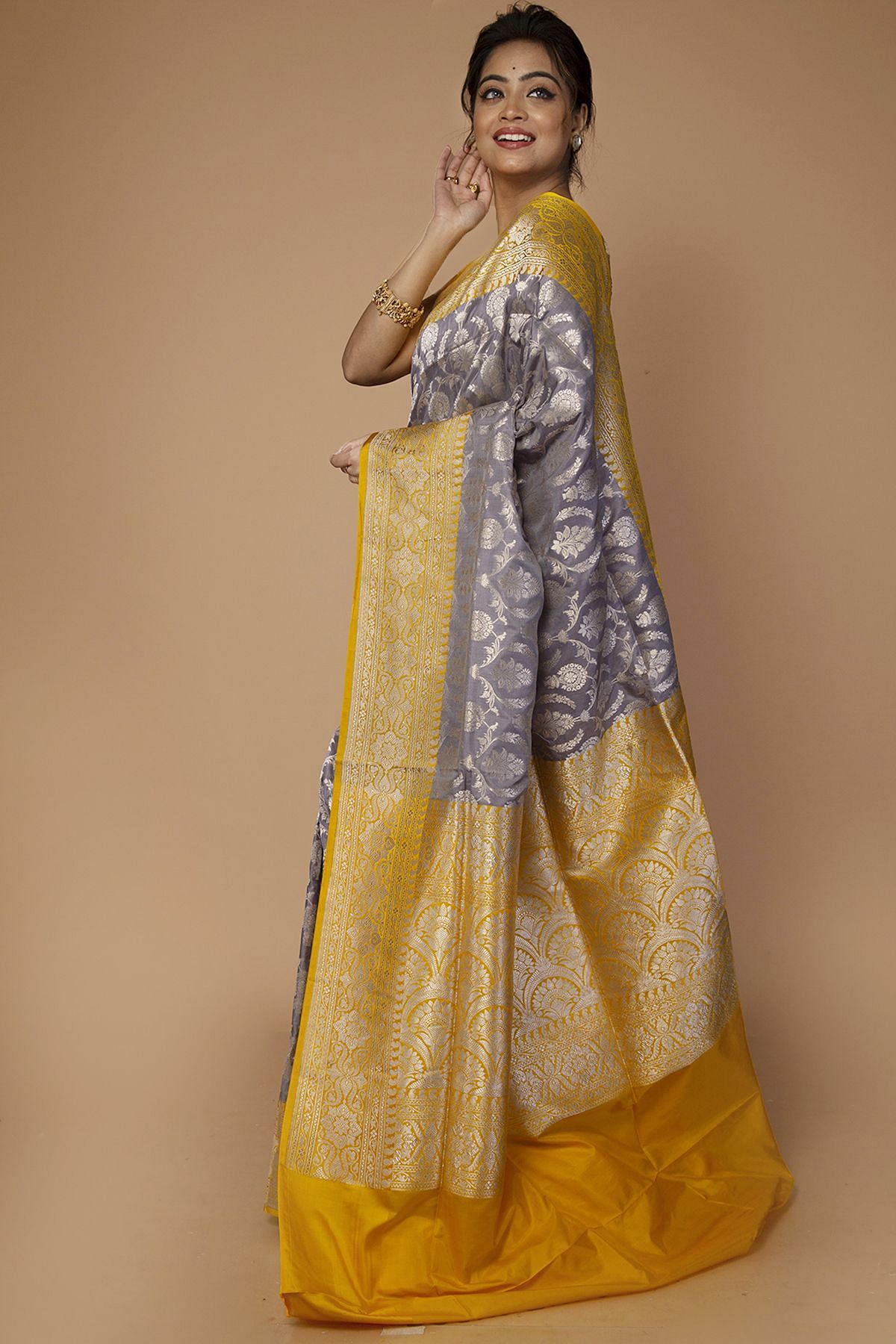 Grey And Yellow Organza Saree | Order Now Silk Saree Online