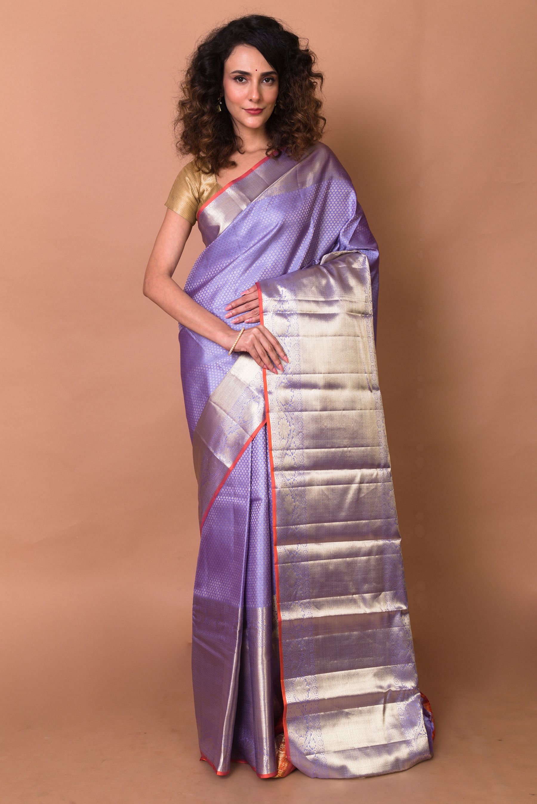 Purple Color Pure Kancheepuram Feather Design Silk Saree