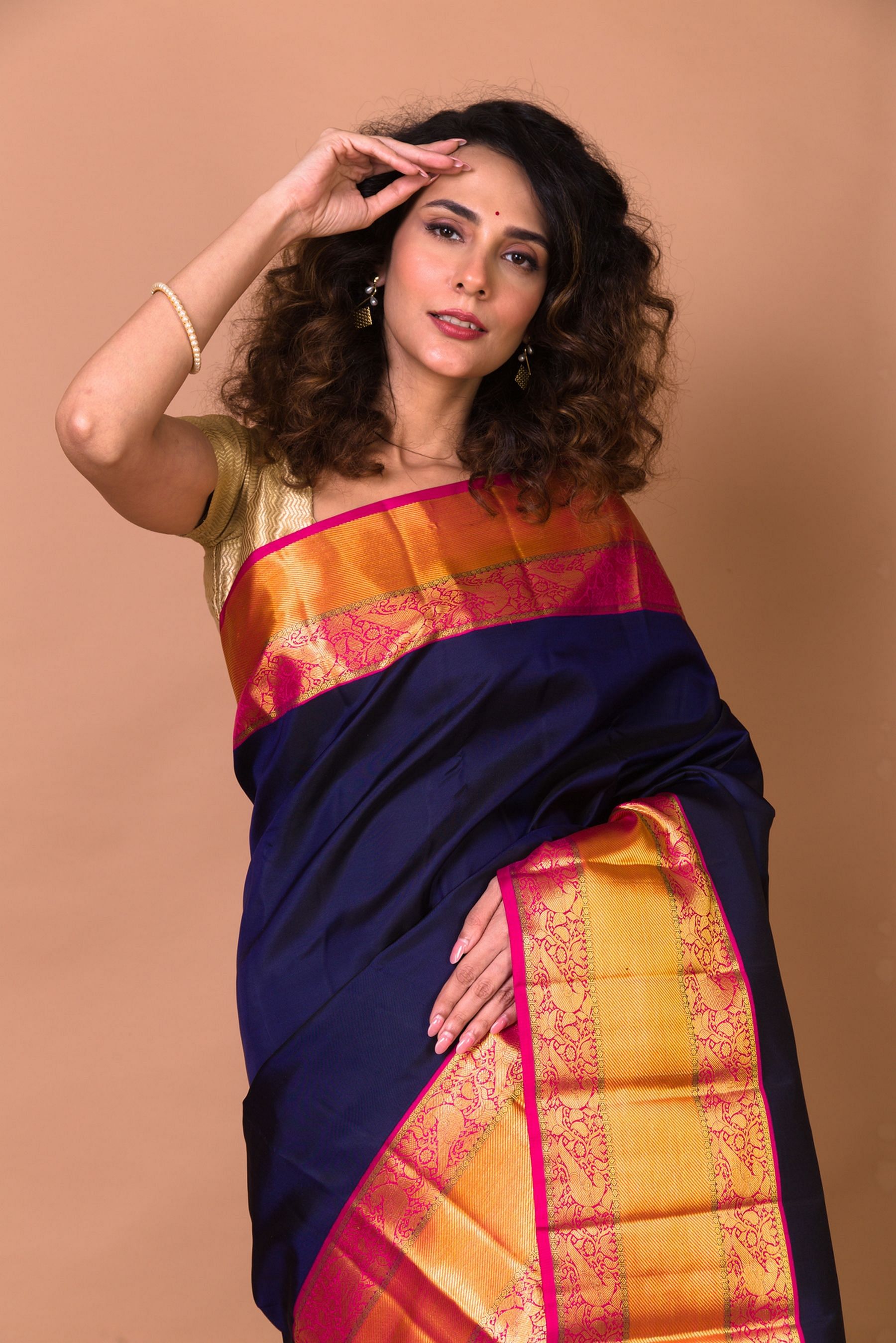 Buy Yazana Women's Kanchipuram Silk Saree with Unstitched Blouse Piece (Navy  Blue) at Amazon.in