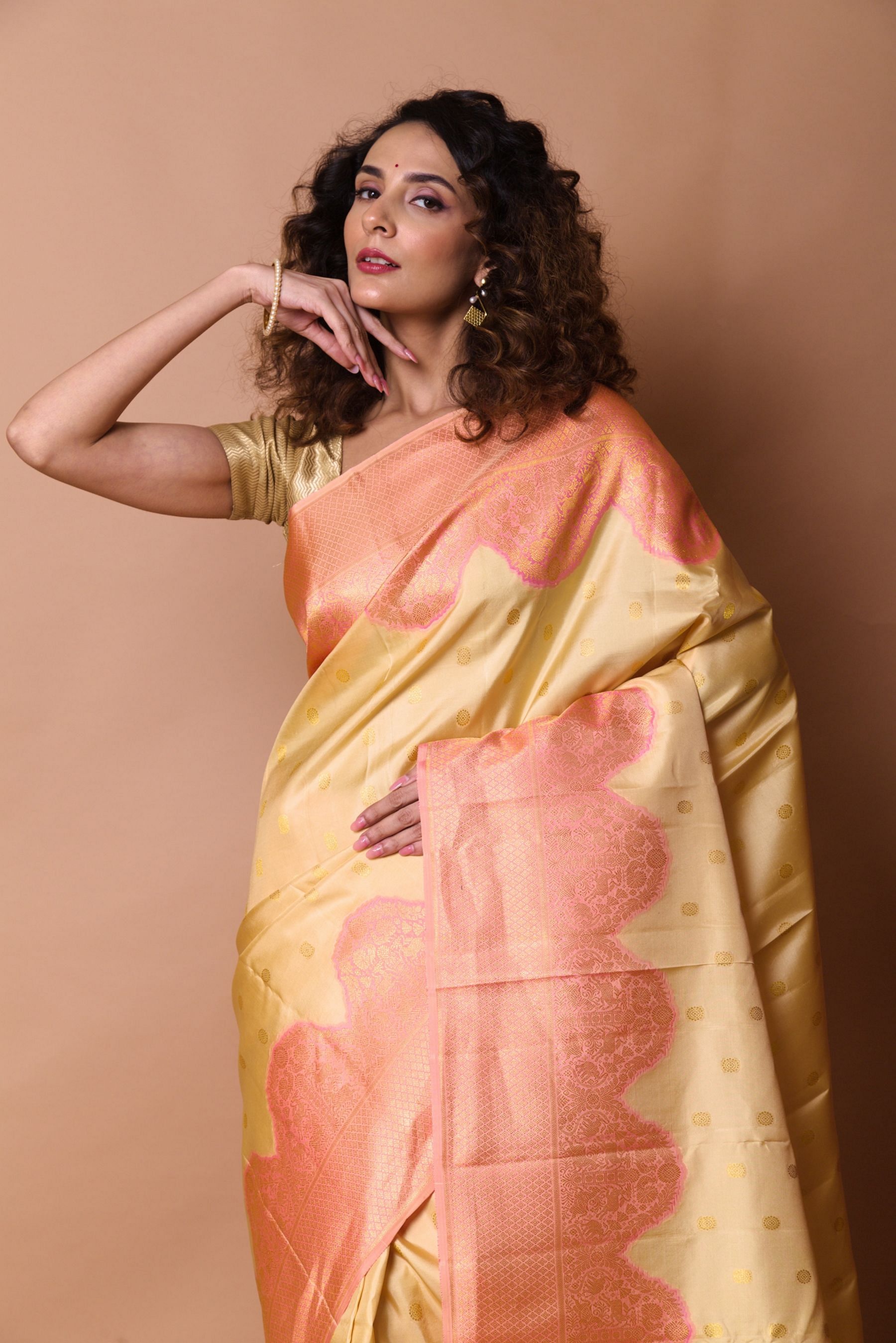 Buy Pink With Cream Silk and Net Saree With Silk Blouse Online - SARV01415  | Andaaz Fashion