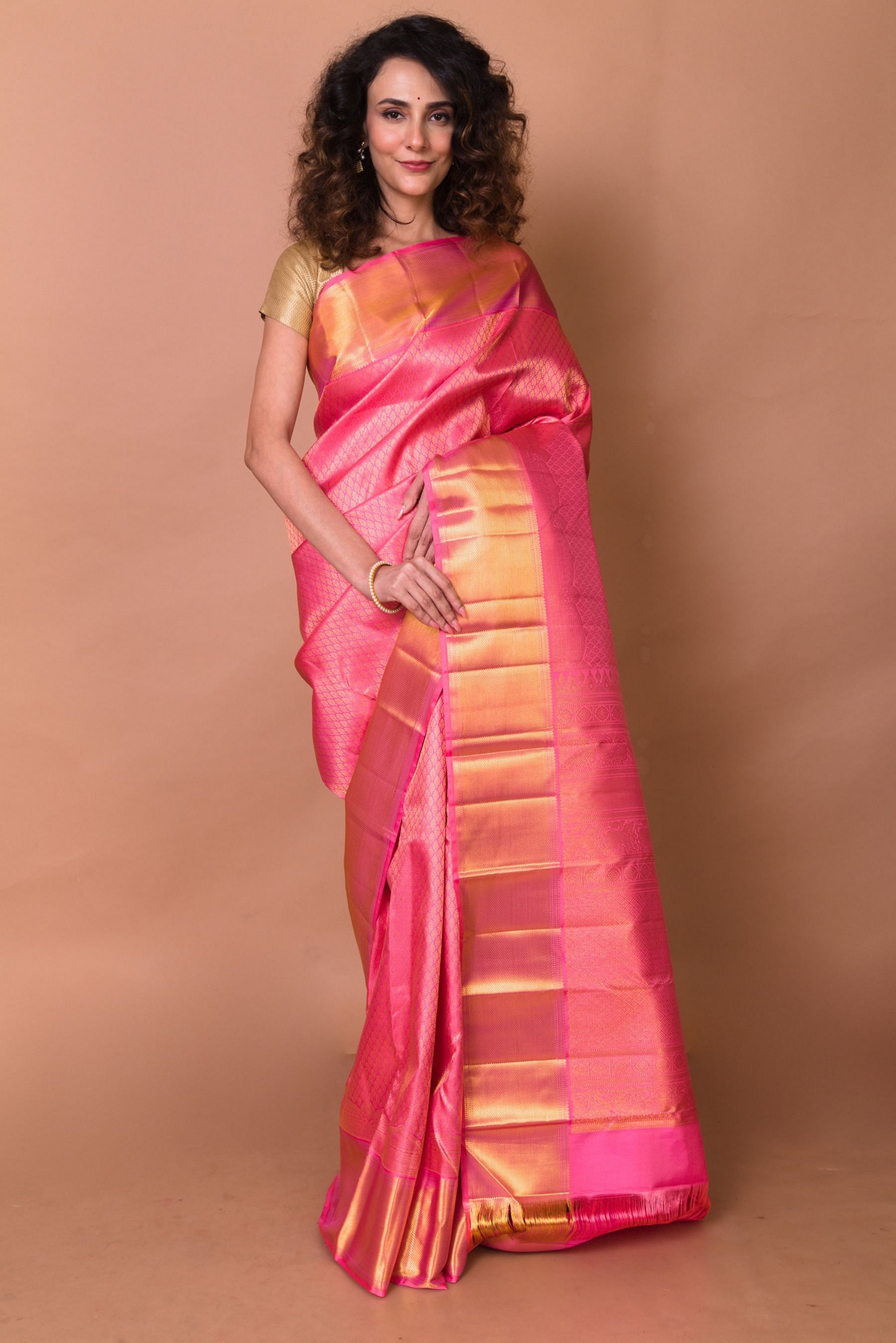 Handloom Pink Colour Natural Tussar Silk Saree with Weaved border