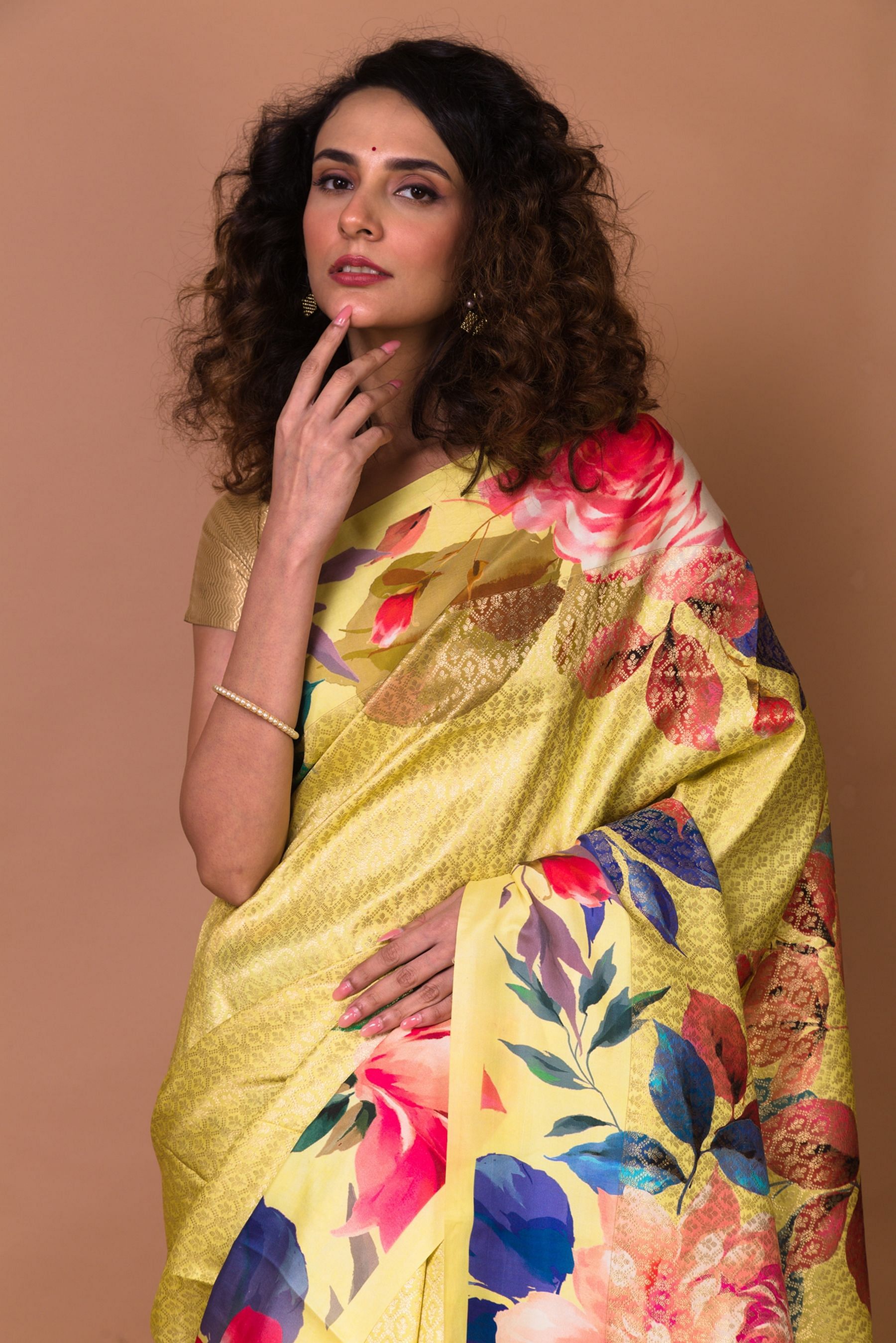 YELLOW and SKY BLUE FLORAL JAAL CHIFFON Saree with FANCY