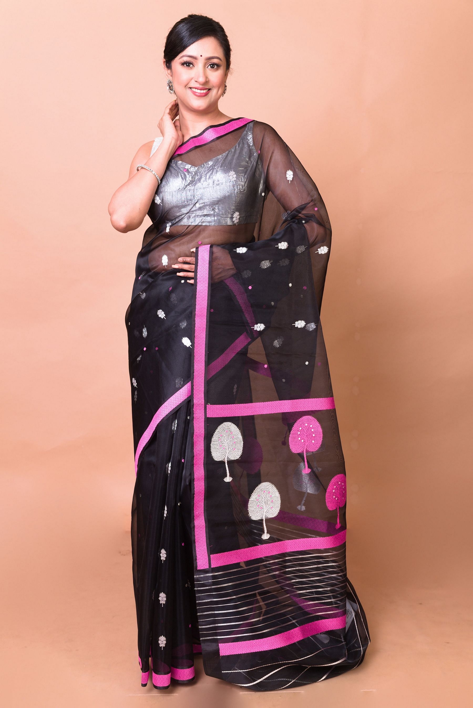 Readymade sarees Kanjeevaram Black Woven With Contrast Border And Tass