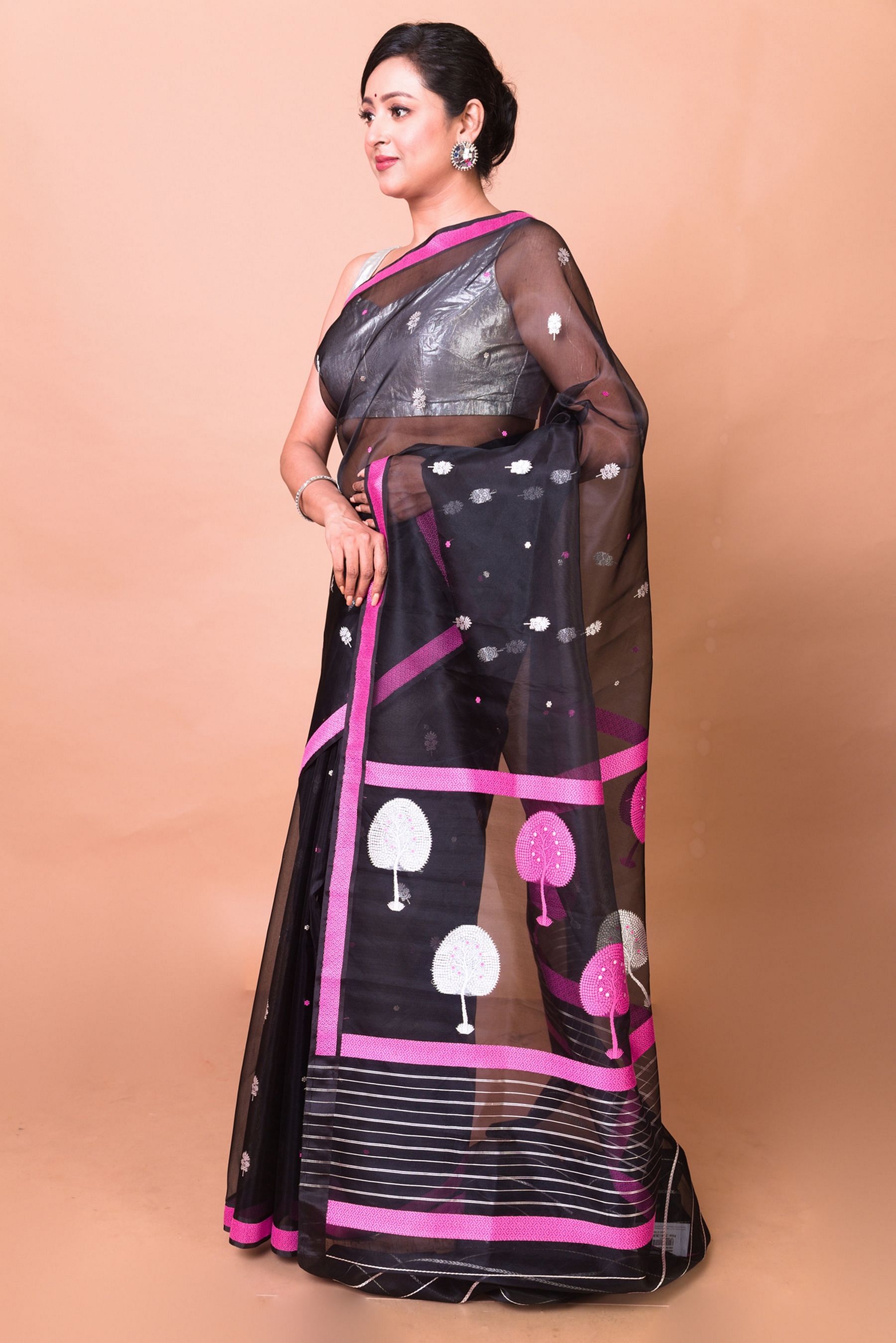 Designer half model saree in white net and pink with black boarder | Half  saree, Indian dresses, Indian wedding outfits