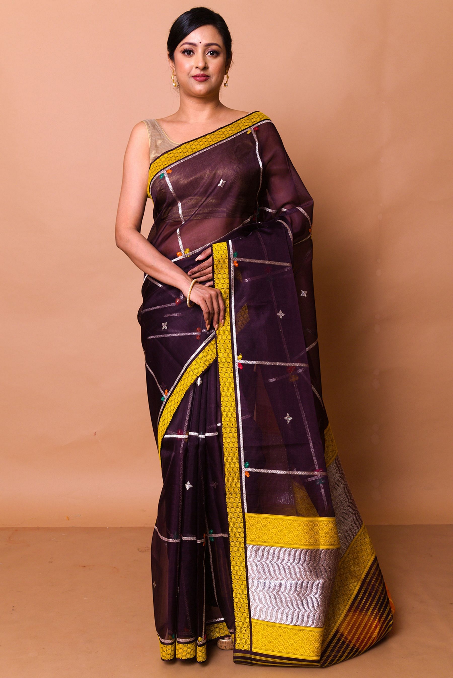 Buy Brown Wine Printed Silk Saree With Kalamkari Work And Unstitched Blouse