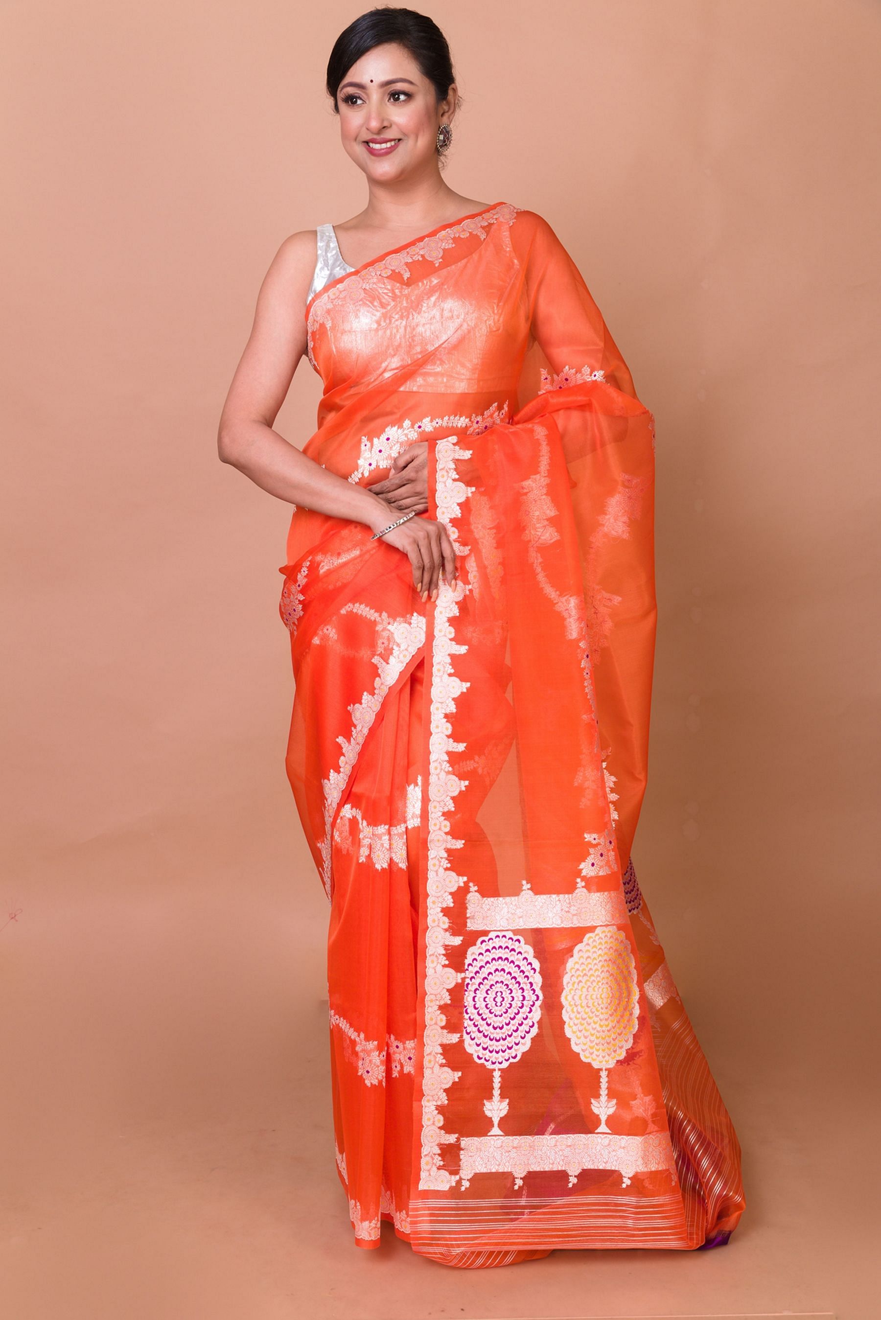 Buy KSUT By Varanga Off-White & Orange Printed Saree With Blouse for Women  Online @ Tata CLiQ