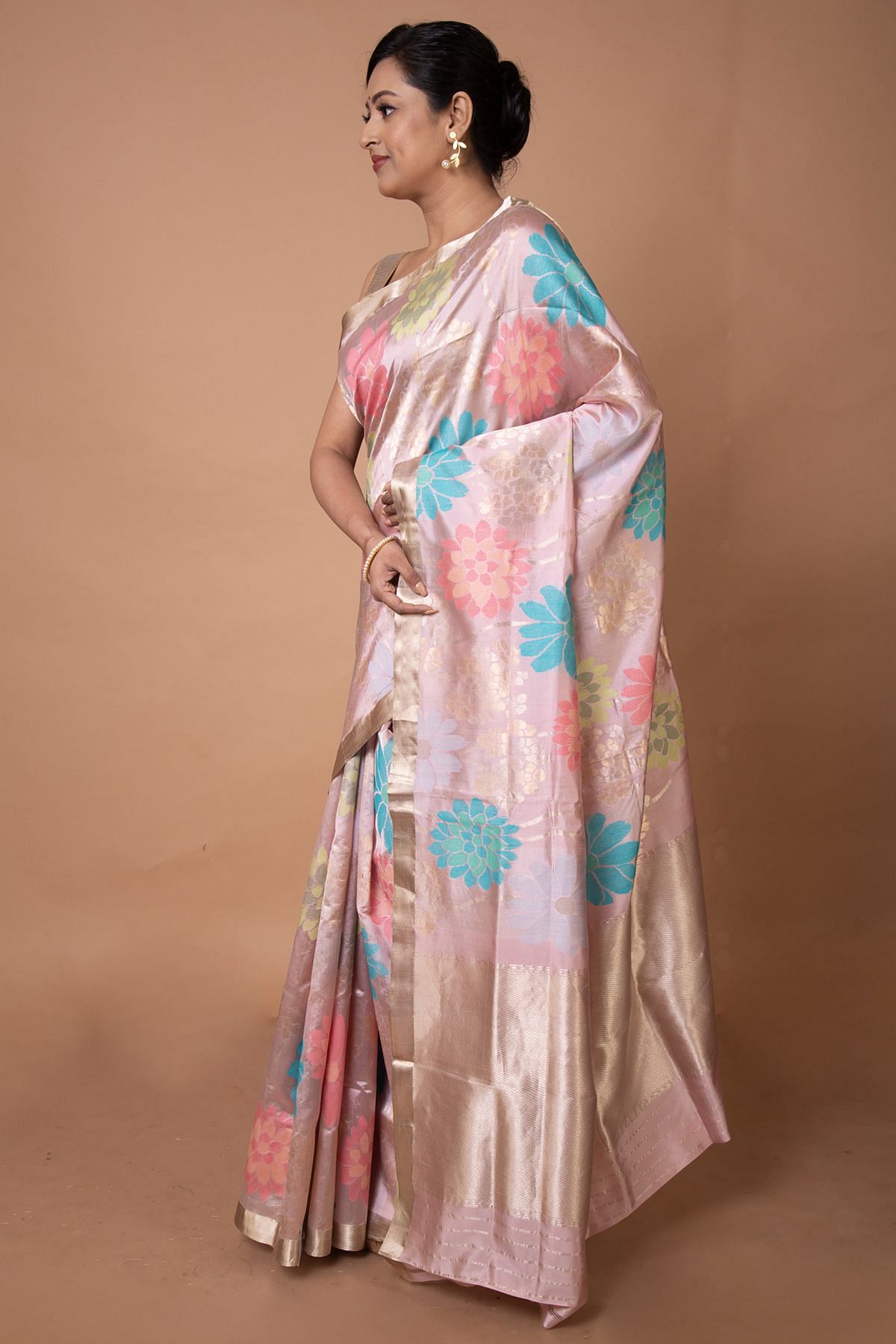 Pastel Pink Shikargah Handwoven Banarasi Satin Silk Saree – Chinaya Banaras