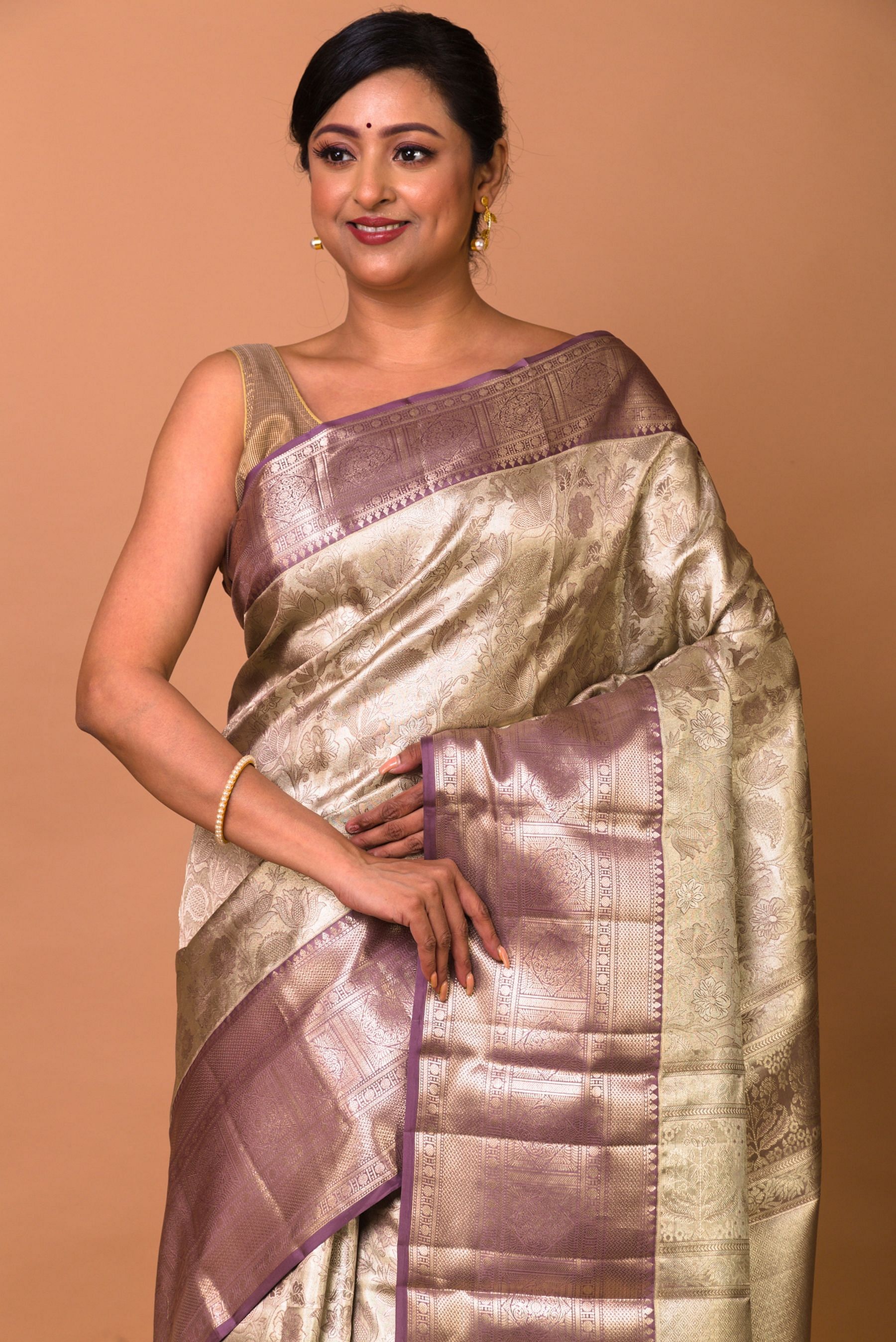 Salmon Pink Silver Woven Banarasi Silk Saree – MySilkLove