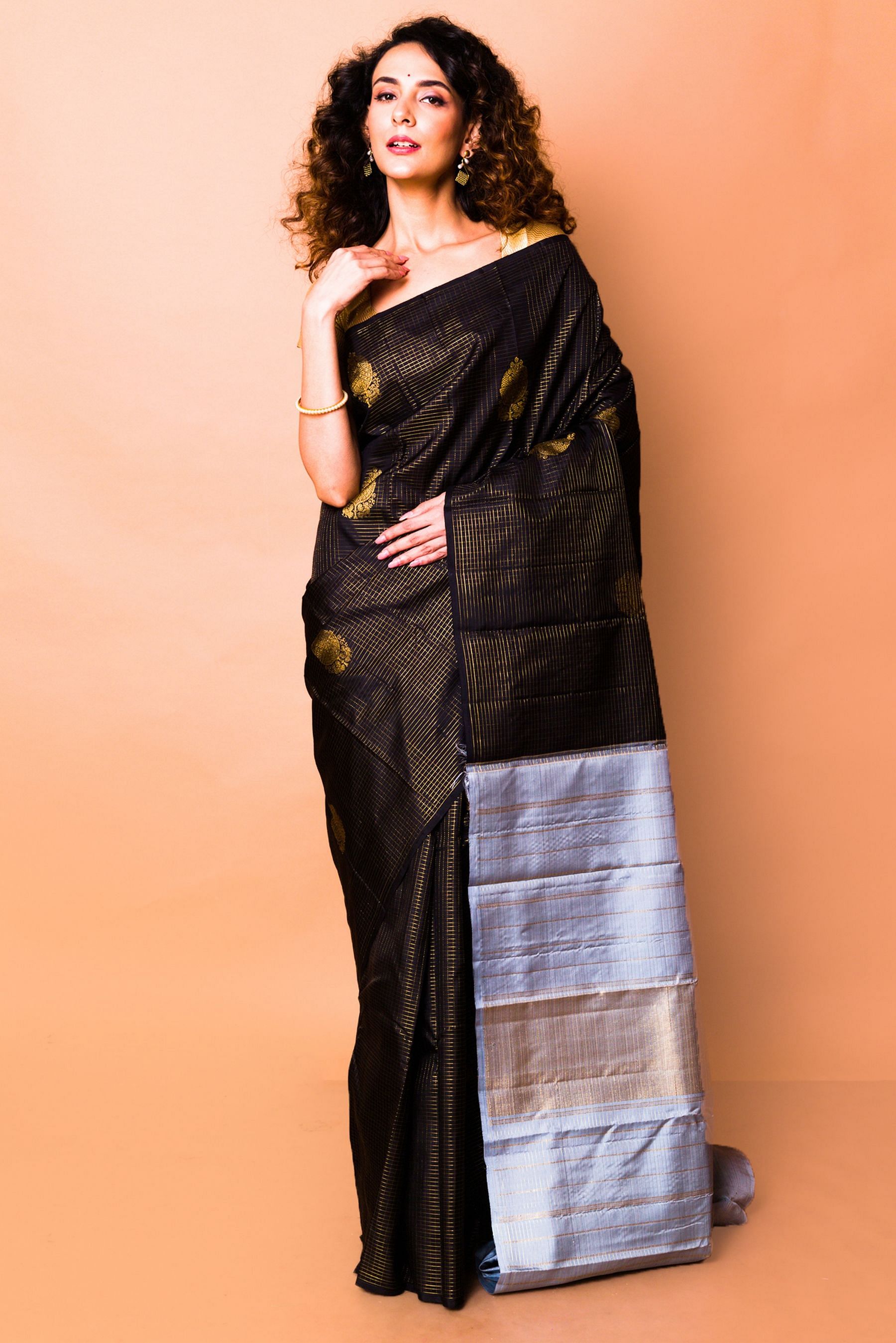 Matka Silk Saree in Black with Zari Checks and Wide Zari Temple Border