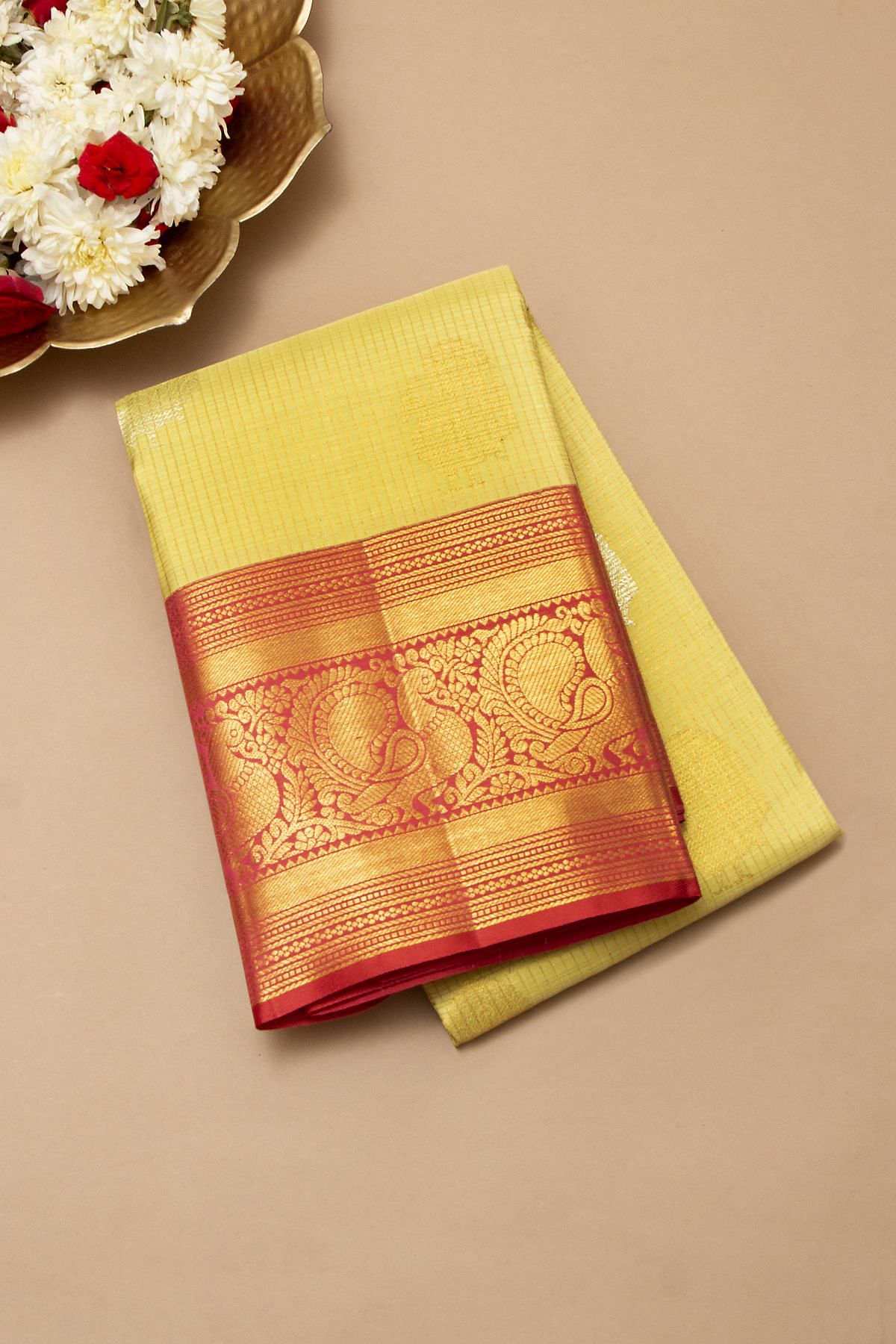 Kanchipuram Silk Tissue Brocade Cream Saree | Kankatala