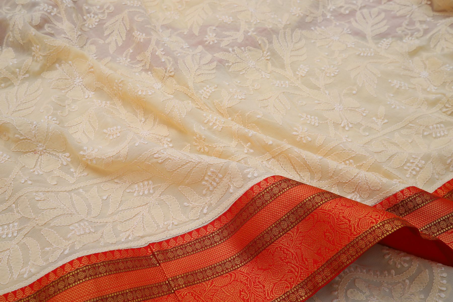 Lucknow Chikankari Georgette Cream Saree With Attached Kanchi Border