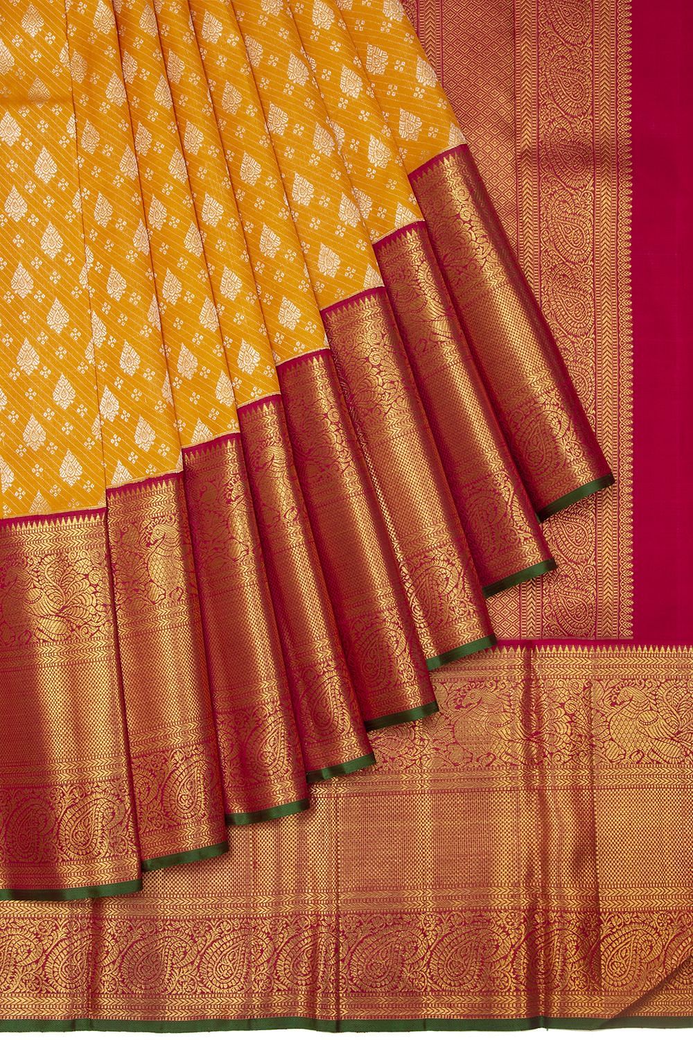 Dark Yellow Pure Kanchipuram Silk Saree with all over Brocade Design and  Peacock Motif Zari Border|Saree-Diademstore.com