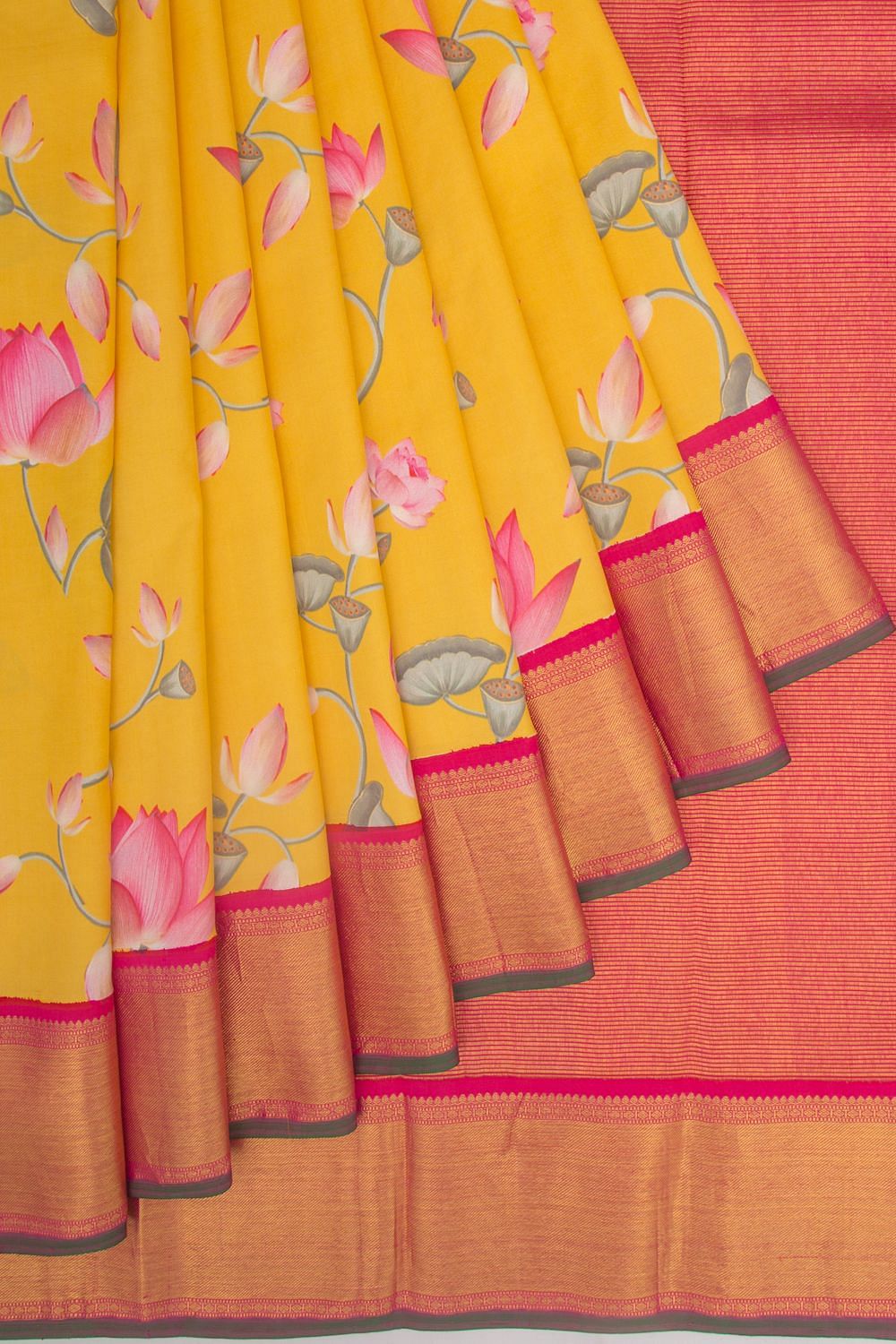 Kanchipuram Silk Floral Printed Yellow Saree | Kankatala