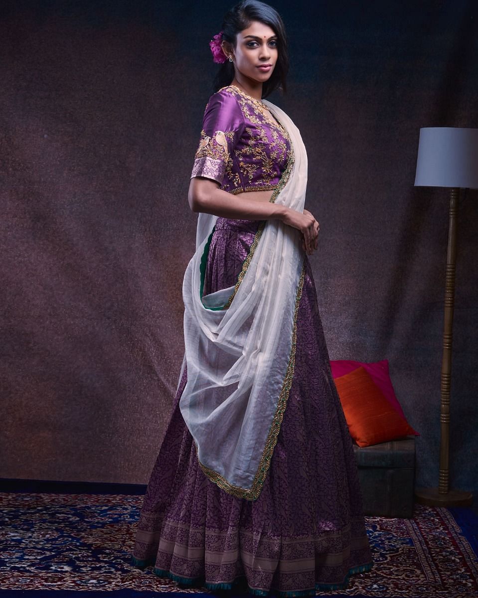 Yellow and Purple Pearl, Thread, Zardozi work with Banaras Print Crop –  SeasonsChennai