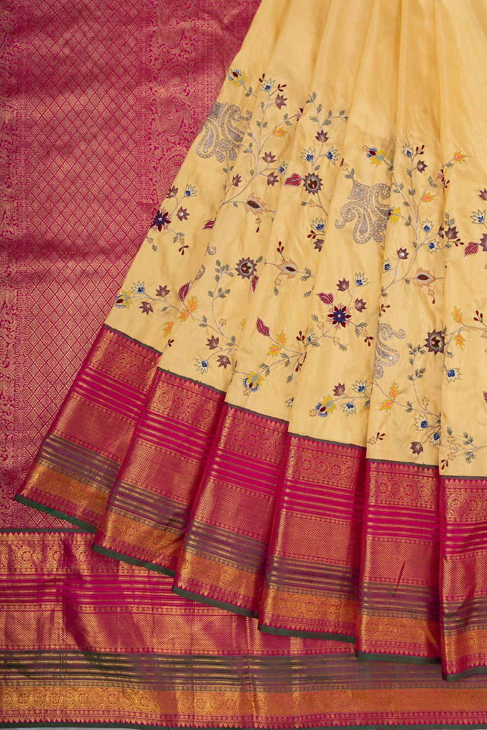 Kanchipuram Silk Hand Embroidery Yellow Saree | Kankatala