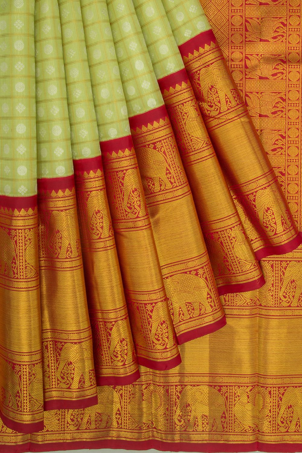 Kanchipuram Silk Checks And Butta Green Saree | Kankatala