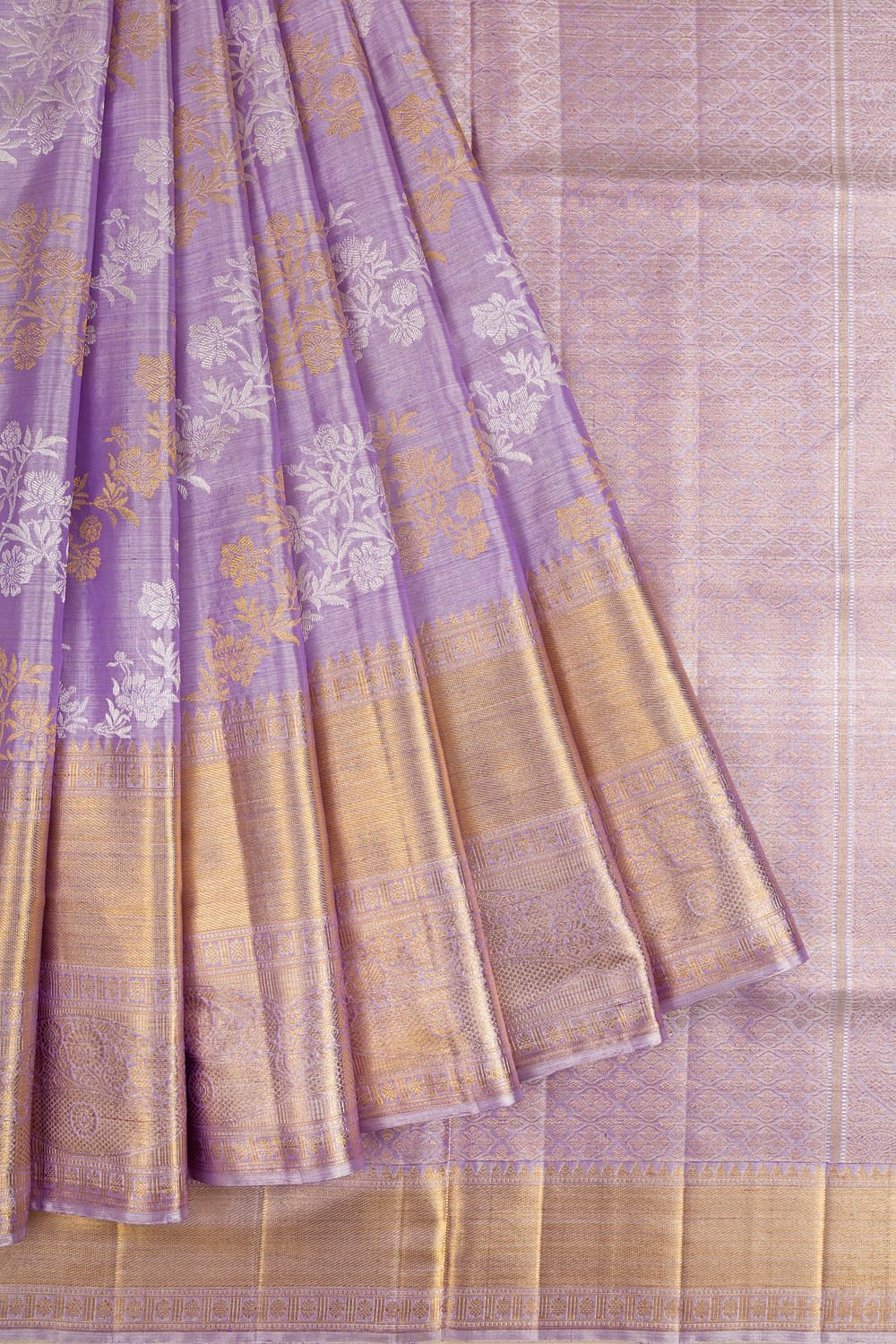 Perennial hibiscus in lavender Kanchipuram silk saree – Varnakili Silks