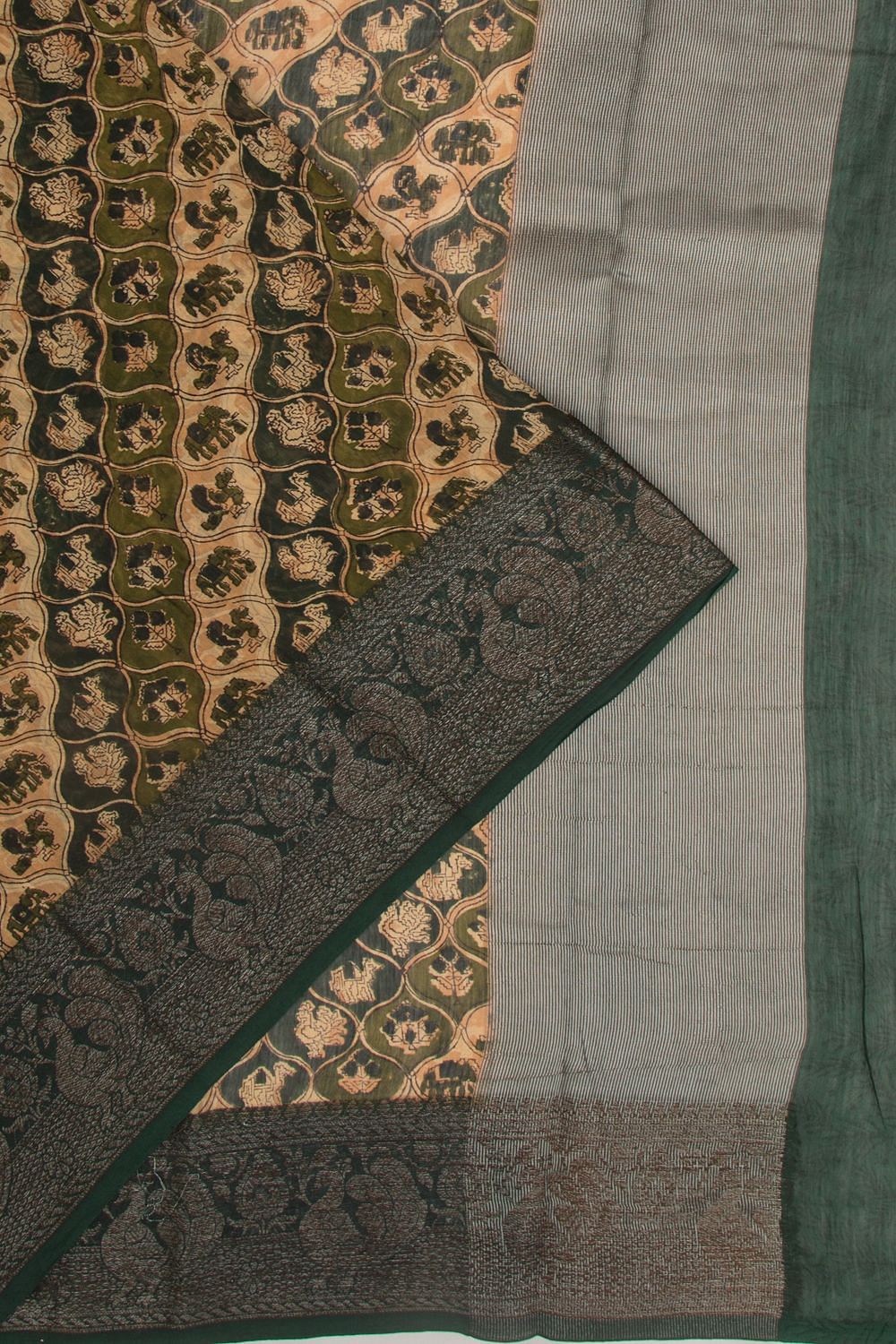 Chanderi Cotton Printed Green And Cream Saree | Kankatala