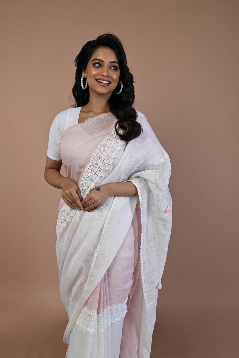 Beautiful White Flora Linen Designer Saree