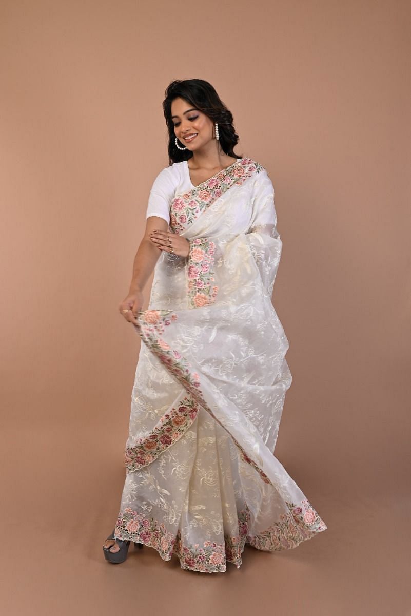 RE - Stylish Off white Nylon net embellished saree