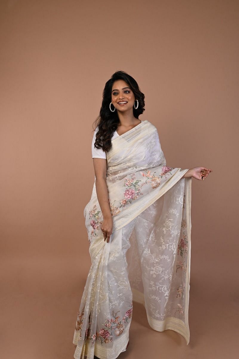 Organza Floral Embroidery Off White Saree